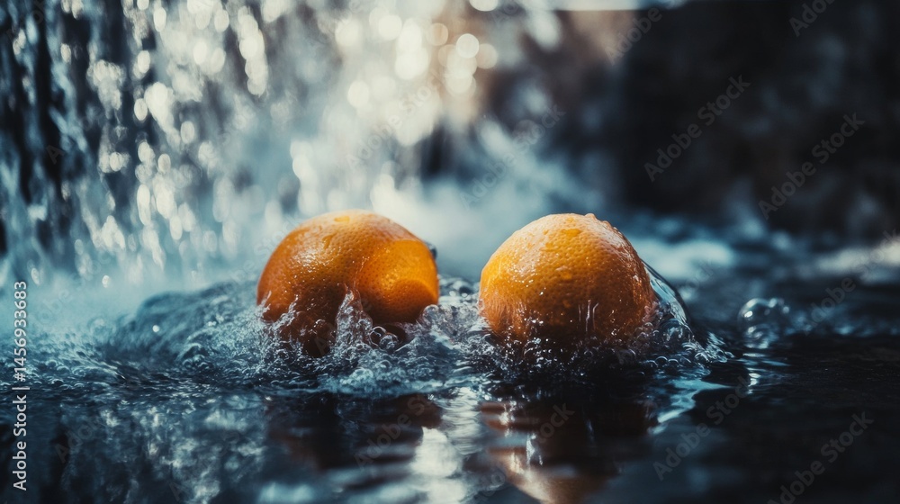 Poster two oranges falling into water with splash captured in high speed motion and dark lighting
