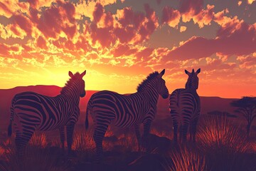 Obraz premium Silhouettes of zebras in the Serengeti at sunset, with rocks and acacia trees in the background, creating a beautiful landscape and safari scene. The image is photo-realistic, with high resolution, 