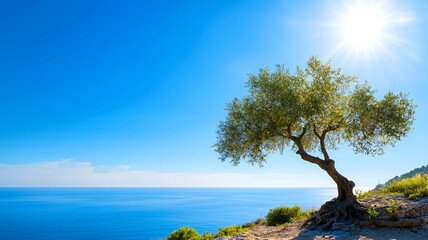 solitary olive tree stands against bright blue sky, overlooking serene ocean, radiating tranquility and beauty