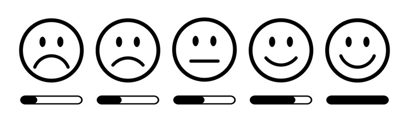 Outlined black emoticons showing customer satisfaction levels from poor to excellent with progress bars. Perfect for surveys, feedback, reviews, and rating forms. Feedback, rating emoji.