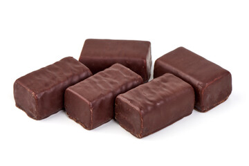 Chocolate candies close-up, isolated on white background.