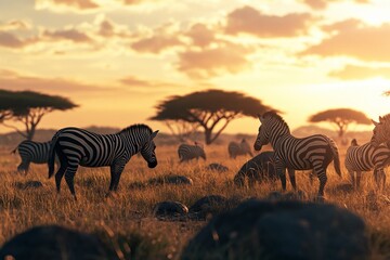 Fototapeta premium Silhouettes of zebras in the Serengeti at sunset, with rocks and acacia trees in the background, creating a beautiful landscape and safari scene. The image is photo-realistic, with high resolution, 