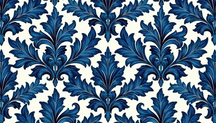 Large-scale damask pattern with bold, swirling acanthus leaves in deep blue , texture, seamless pattern