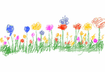 Cute flower drawing made with crayon by a child, playful and colorful illustration perfect for kids' art themes