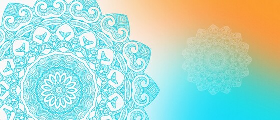 Intricate Blue Mandala Design Over Gradient Orange and Blue Background