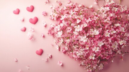 Fototapeta premium A circular white space surrounded by pink roses and blossoms on a pink background.