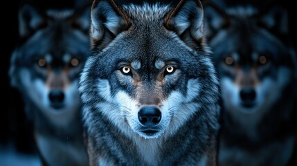 Obraz premium Three wolves in a close-up, intense gaze