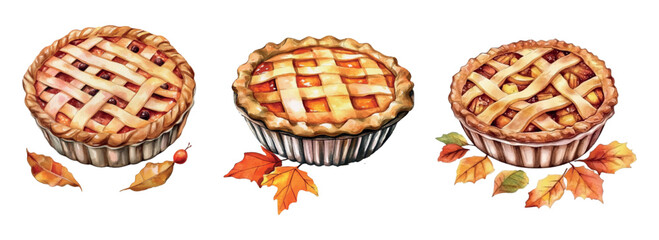 Watercolor set of sweet pies with autumn fruits and berries. Fragrant pies for Thanksgiving and autumn holidays. Autumn homemade sweet pastries watercolor. Vector illustration.