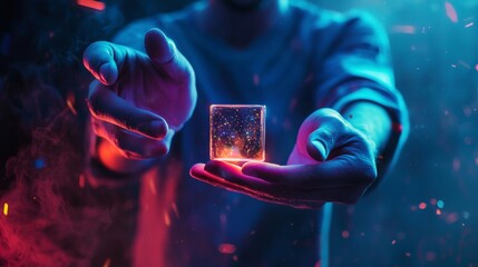 Man holding glowing cube in dark futuristic atmosphere with blue backlight and particles in air
