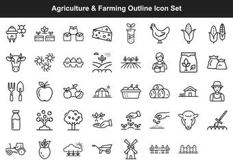Line art icon set shows various elements of agriculture and farming activities visually