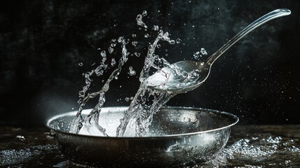 Splashing water in a metal ladle over dark surface creating dramatic culinary photography composition