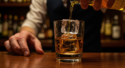 Bartender carving crystal-clear ice cube, placing into vintage glass for Japanese whiskey pour.

