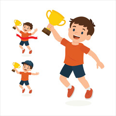 Cartoon boy character celebrating with a trophy in various editable poses. Perfect for animation, motion design, and victory or achievement-themed illustrations for kids and sports. Part of set.