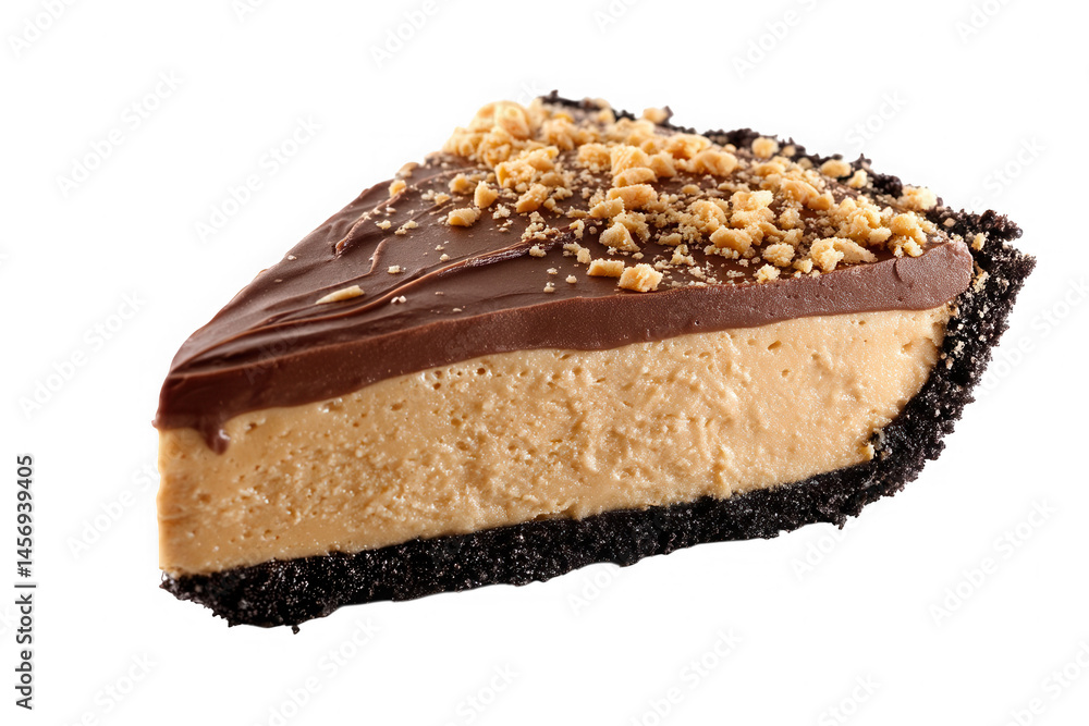 Poster a slice of peanut butter pie with chocolate topping and crushed nuts on a dark background