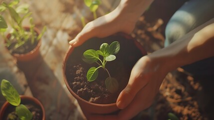 Nurturing Growth: A tender pair of hands carefully cradles a young seedling, illustrating the delicate bond of nurturing and growth in a garden setting.