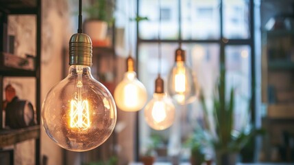 Warm vintage lighting with exposed filament bulbs in cozy interior restaurant environment setting