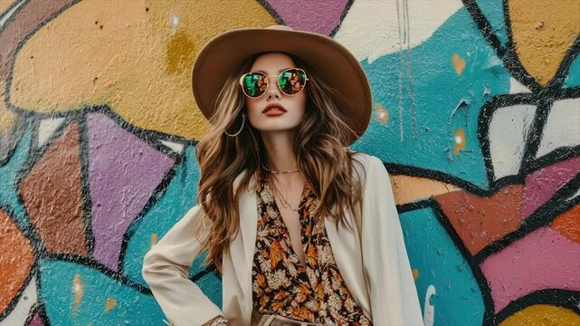 Fashionable woman in stylish outfit against colorful graffiti wall