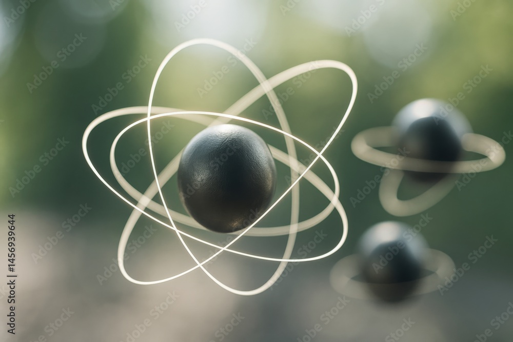 Poster molecule bonding micro concept. 3d rendering of an atom with orbiting electrons in a blurred backgro