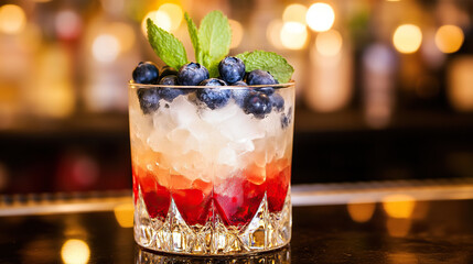 Tricolor cocktail with blueberries and mint in crystal glass, celebrating French National Day with festive elegance.