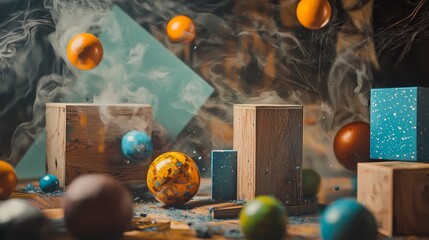Abstract scene with floating wooden cubes and spheres in foggy surreal digital art style