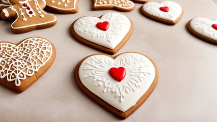 Fototapeta premium A bunch of heart shaped cookies that are on a table.