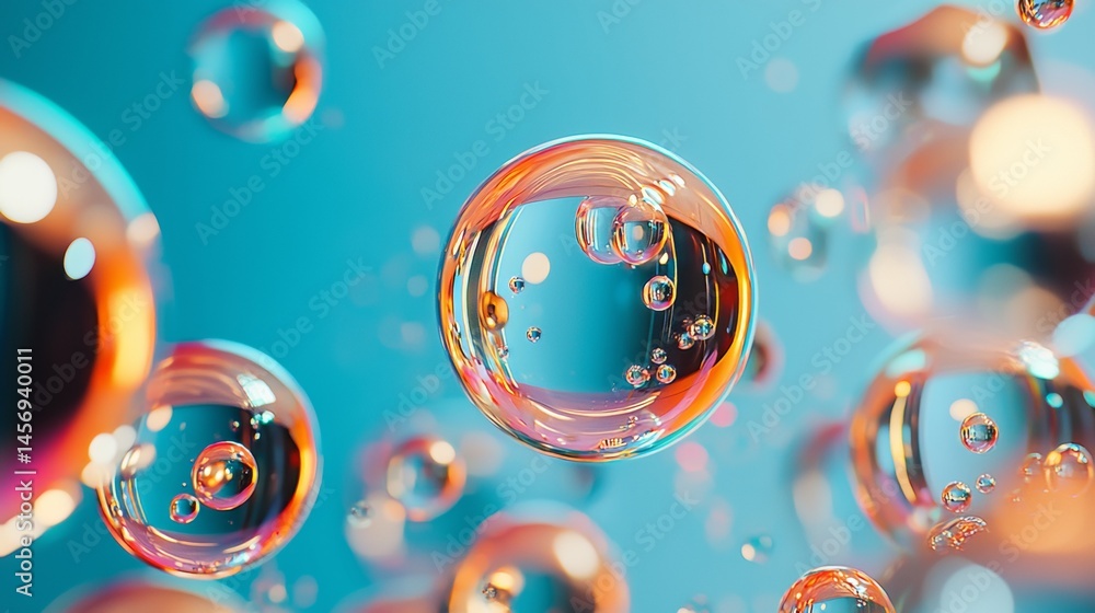Poster floating iridescent bubbles with dreamy background in macro close-up abstract design concept