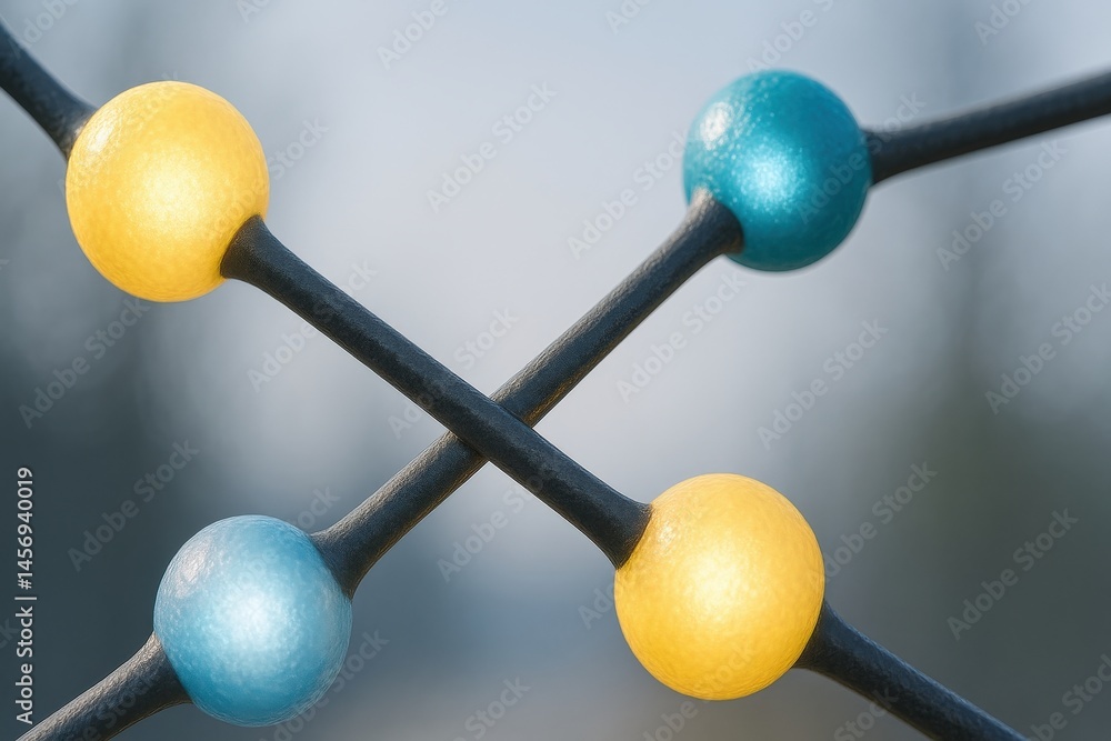 Poster molecule bonding micro concept. abstract molecular structure with colorful spheres interconnected.