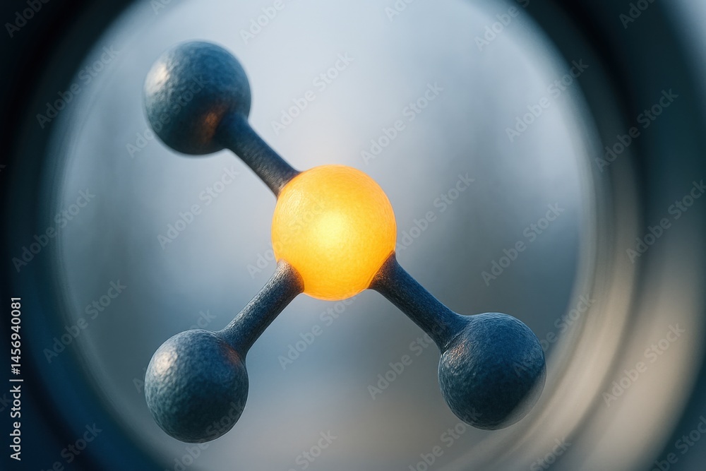 Poster molecule bonding micro concept. molecular structure with a highlighted atom in focus.