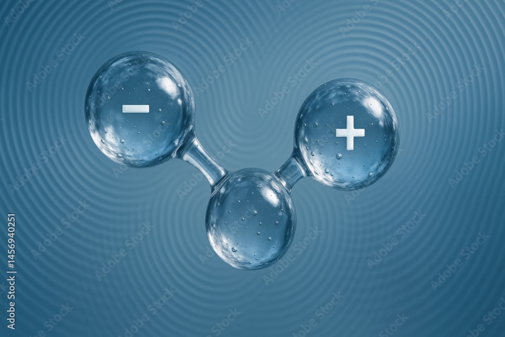 Poster molecule bonding micro concept. molecular structure with positive and negative charges in bubbles.
