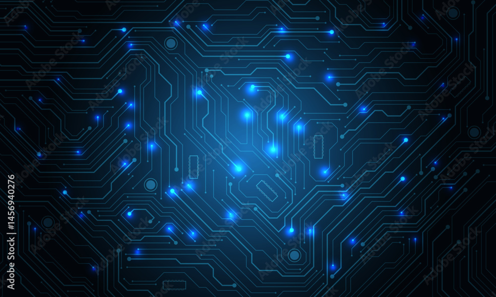 Poster Abstract black circuit board technology connected lines electronics elements computer motherboard chip processor semiconductor digital on white background vector