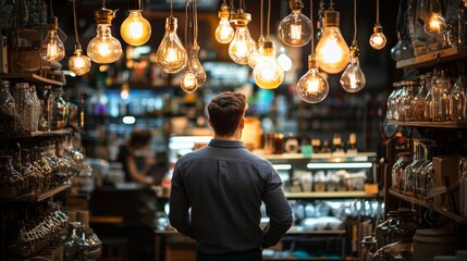 Obraz premium Man observing illuminated shop lights in cozy boutique with rustic vintage decoration and bulbs