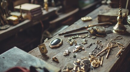 Table covered in antique jewelry, keys and trinkets with soft diffused light and dark tones