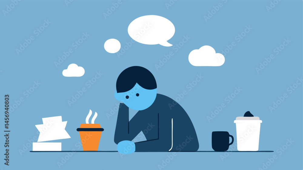 Poster burnout a person slumped over at their desk surrounded by empty coffee cups and cled papers with a t