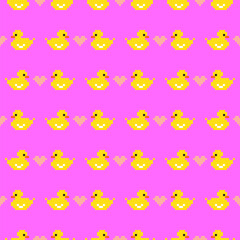 Cute yellow pixel ducklings and hearts on a bright pink background. Seamless pattern, print, vector illustration
