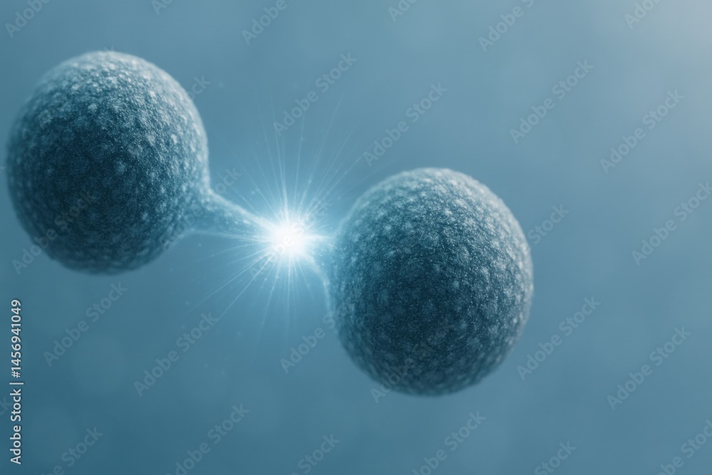 Poster molecule bonding micro concept. abstract representation of two cells merging with light effect.