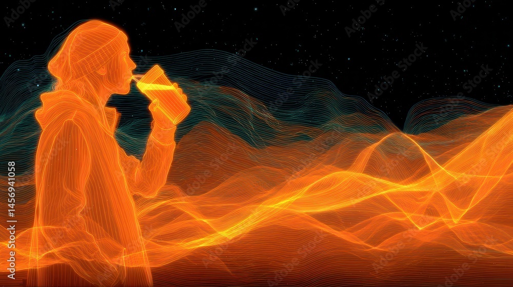 Poster technology style whit net glowing wave,glowing line glow wave,glow line , man drinking a pint of dra