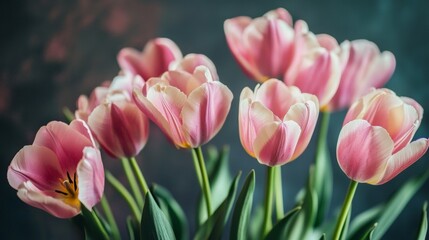 Fototapeta premium Fresh pink tulips in bloom against natural outdoor background with soft daylight illumination