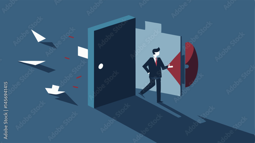 Poster broken data vault a vault door cracked open with documents and personal data floating out alongside 