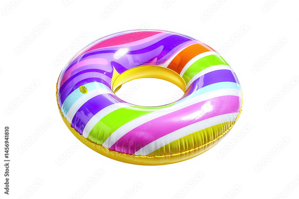Poster close-up of a colorful inflatable swim ring with stripes on a black isolated background. abstract ba