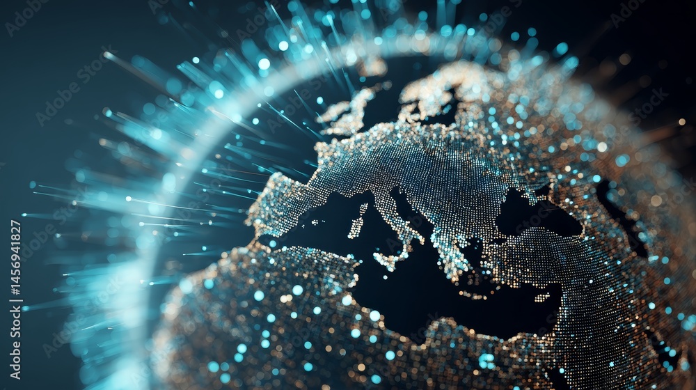 Poster 3d render of earth focused on europe using dots, binary code, and lines, representing global busines