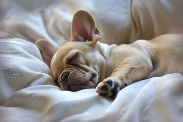 Cucciolo di Bulldog Francese che dorme pacificamente su uno letto bianco