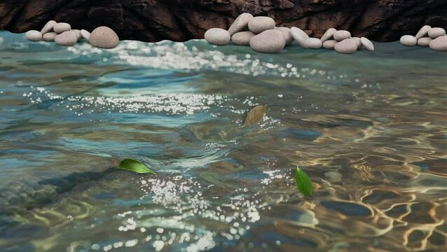 The water flows in the river surrounded by many stones, with leaves falling and floating on the surface.