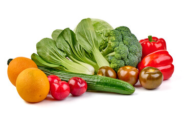 Fresh Assortment of Fruits and Vegetables, Bok Choy, Cucumber, Tomatoes, Oranges, Peppers, Broccoli, isolated on white background.