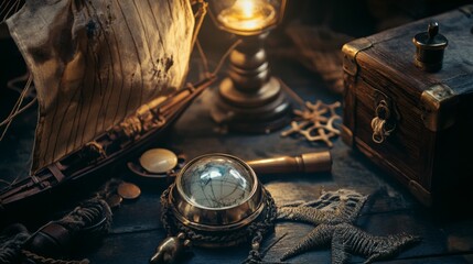 Compass, journal and vintage lantern in nostalgic explorer themed travel desk