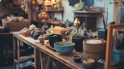 Fototapeta premium Rustic kitchenware shop interior with ceramic bowls, wooden shelves and vintage ambiance