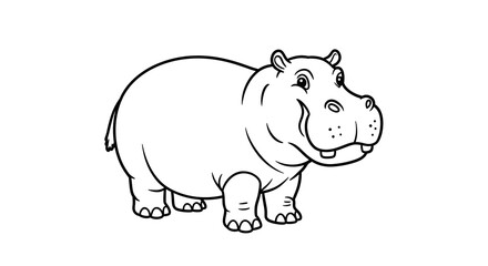 Cartoon Hippo Standing Outline Illustration for Coloring Books or Education