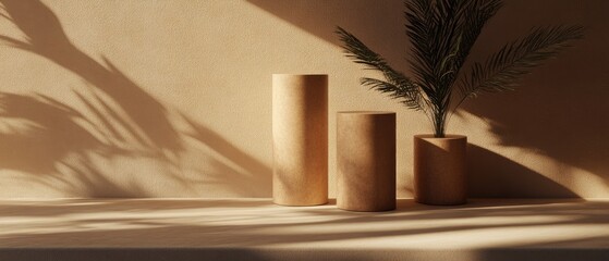 Sunlight casts shadows on beige displays and a palm.