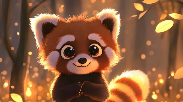 Adorable red panda in a warm woodland scene.