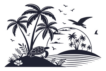 11 Tropical beach silhouette, palm trees, sea turtles, sunset, ocean horizon, flying birds, exotic foliage, black and white illustration, minimalist design, symmetrical composition, tranquil scene, ve