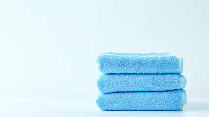 Stacked Bright Blue Towels on White Background